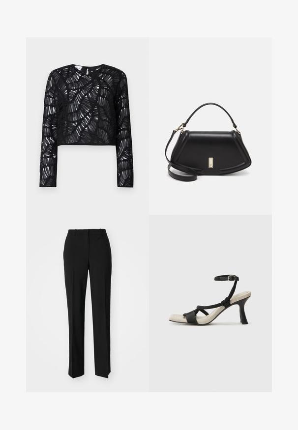 Crop top nero a maniche lunghe con un design trasparente e texturizzato caratterizzato da motivi ondulati sovrapposti e scollatura rotonda.; Pantaloni neri su misura con un design a gamba dritta, caratterizzati da una texture liscia e pieghe ben definite sul davanti. Senza hardware visibile.; Sandal con tacco nero e design con cinturino intrecciato, punta quadrata e cinturino alla caviglia regolabile. Soletta beige chiaro con tacco nero lucido.; Borsa a mano in pelle nera con un design strutturato, caratterizzata da una forma corta, manico superiore e accessori in metallo dorato. Inclusa tracolla regolabile.