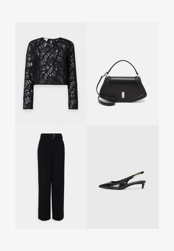 Čierny, dlhý rukáv, crop top s priehľadným, textúrovaným dizajnom, ktorý obsahuje vrstvené, vlnité vzory a okrúhly výstrih.; Čierne upravené nohavice s širokým strihom, s opaskom so striebornou sponou, záhybmi a hladkou textúrou látky.; Čierne kožené slingback opätky s špicatou špičkou, s úzkym opätkom a zlatým detailom na nastaviteľnom remienku. Hladká textúra.; Čierna kožená kabelka so štruktúrovaným dizajnom, s krátkym tvarom, hornou rúčkou a zlatými prvkami. Súčasťou je nastaviteľný ramenný popruh.