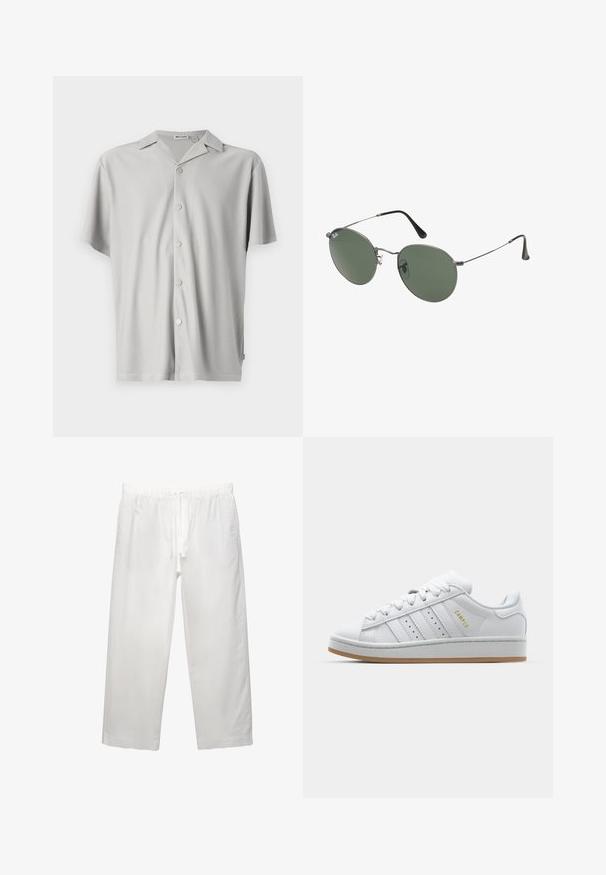 Korte mouwen, lichtgrijze overhemd met knopen gemaakt van ribstof, met een losse pasvorm, een kraag en vijf metalen knopen aan de voorkant.; Witte katoenen t-shirt met korte mouwen, ronde hals en een relaxed fit. Gladde textuur zonder zichtbare patronen of accenten.; Witte linnen broeken met een elastische tailleband met koord, een wijd been ontwerp en schone naden. Glad textuur met een casual pasvorm.; Witte sneaker met geperforeerd design met drie strepen, gestructureerde accenten, een rubberen zool en het "CAMPUS" logo in het goud aan de zijkant.; Metalen zonnebril met ovale groene lenzen. Dunne zilveren metalen rand en zwarte oorstoppers. Minimalistisch ontwerp, zonder zichtbare logo's.