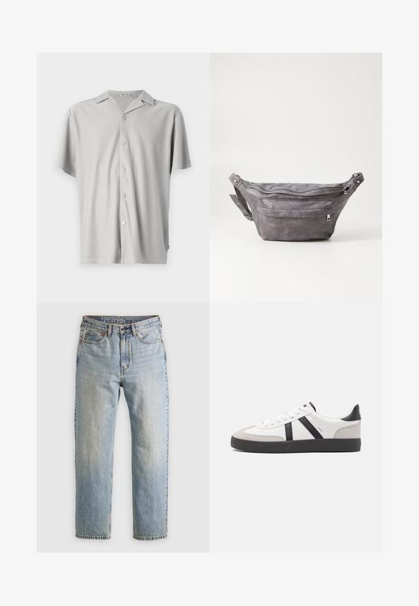 Camicetta a maniche corte di colore grigio chiaro, realizzata in tessuto a coste, con una vestibilità rilassata, colletto e cinque bottoni metallici sul davanti.; Jeans in denim azzurro chiaro con vita alta, bottone anteriore, cerniera e design a cinque tasche, adagiati su uno sfondo neutro.; Sneaker bianco con accenti neri e grigi, dotata di una punta grigia testurizzata, suola in gomma nera e lacci bianchi piatti. Design pulito, stile minimalista.; Fanny pack in suede grigio con forma arrotondata, due scomparti con cerniera e tracolla regolabile. Presenta dettagli in metallo.
