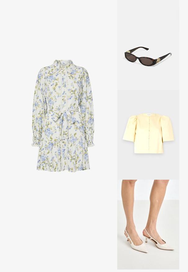 Żółta skrócona bluzka z bufkami, krótkimi rękawami, okrągłym dekoltem i zapięciem z przodu. Gładka tekstura i minimalistyczny design.; Kwiatowa sukienka w bieli z niebieskimi i zielonymi kwiatami, z kołnierzykiem, zapinana na guziki z przodu, z długimi rękawami z elastycznymi mankietami i paskiem w talii.; Beżowe lakierowane szpilki z odkrytą piętą, zakończone spiczastym noskiem i 5 cm obcasem, z wyciętymi bokami oraz cienkim paskiem na kostce.; Słoneczne okulary w kolorze żółwi z wydłużonymi owalnymi soczewkami, brązowym odcieniem, złotymi akcentami logo na zausznikach oraz smukłymi czarnymi ramionami.; Beżowa torebka w wzory o zakrzywionym kształcie, z skórzanymi akcentami i złotym logo z przodu. Posiada krótki uchwyt, co ułatwia noszenie.; Naszyjnik z pereł i kryształów o okrągłym, koralikowym wzorze w jasnych odcieniach, z naprzemiennie umieszczonymi perłami i błyszczącymi akcentami, noszony na szyi.