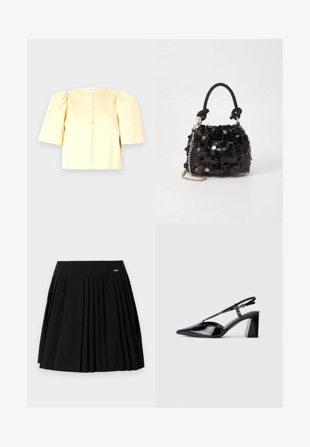 Gelbes kürzes Bluse mit puffierten kurzen Ärmeln, rundem Ausschnitt und vorderem Verschluss. Glatte Textur und minimalistisches Design.; Schwarzer plissee Rock mit glattem Bund und seitlichem Reißverschluss. Hergestellt aus weichem Stoff, mit klaren Falten für einen strukturierten Look.; Schwarze lackleder Slingback-High-Heels mit spitz zulaufender Zehenpartie, verstellbarem Riemen und klobigem rechteckigem Absatz.; Schwarze Pailletten-Mini-Handtasche mit einem geknoteten, strukturierten Tragegurt und einer silbernen Kette. Abgerundete Form mit gerafftem oberen Teil und reflektierenden Details.