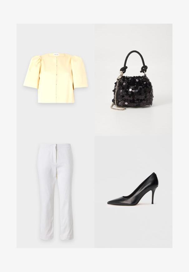 Kollane lühike pluus puffitatud lühikeste varrukatega, ümmargune kaelus ja esine nööpidega kinnitamine. Sile tekstuur ja minimalistlik disain.; Valged puuvillased püksid sirge lõikega, keskmise kõrgusega vöökoht ja ilma nähtavate detailide või mustriteta. Ühtlane sile tekstuur.; Must nahast kõrge kontsaga kingad terava varba, siledat tekstuuri ja elegantse disainiga. Omavad peent, kõrgendatud kontsa ja madalat esiosa.; Must have mustrõngus mustal sädelev mini käekotil on sõlme tekstuuriga rihm ja hõbedane ketis. Ümar kuju, kokku kogutud ülaosa ja peegeldav detail.