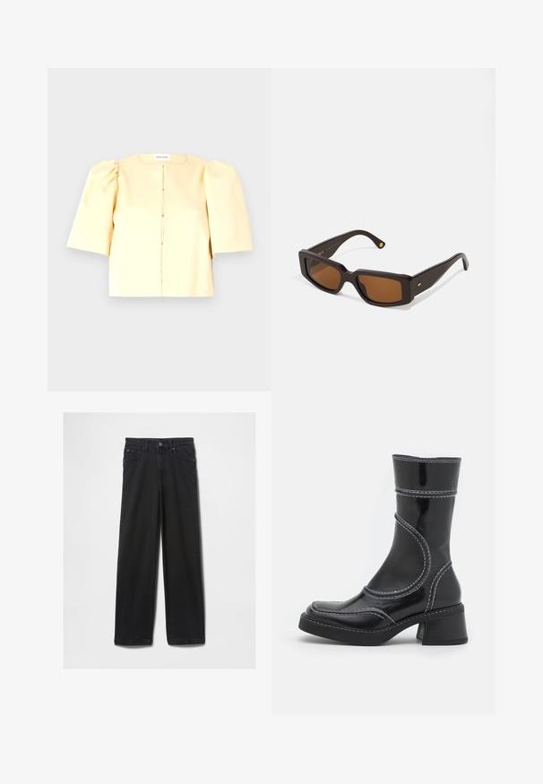 Blusa corta gialla con maniche a sbuffo corte, scollatura rotonda e chiusura frontale. Texture liscia e design minimalista.; Jeans in denim nero con un design a gamba dritta, dotati di cinque tasche e chiusura a zip, realizzati in un tessuto spesso e resistente.; Stivale alla caviglia in pelle verniciata nera con cuciture bianche, punta arrotondata e tacco a blocco. Presenta linee di design curve e una texture liscia.; Occhiali da sole rettangolari marroni con una montatura in plastica marrone scuro. Presentano lenti di colore marrone e un elegante accento dorato sulla tempia.