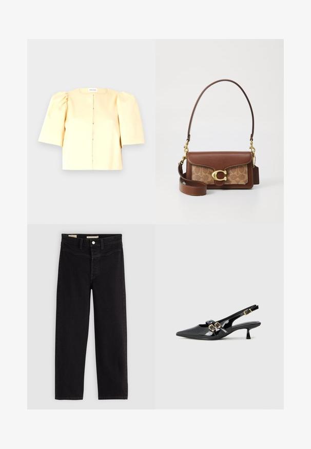 Gelbes kürzes Bluse mit puffierten kurzen Ärmeln, rundem Ausschnitt und vorderem Verschluss. Glatte Textur und minimalistisches Design.; Schwarze Jeans mit geradem Schnitt, aus Denim gefertigt. Verfügt über Eingrifftaschen, einen Knopfverschluss und kontrastierende Nähte.; Schwarze Lackleder Slingback-Absätze mit spitzem Zehenbereich, doppelten Riemen mit goldenen Schnallen und einem kurzen Kitten-Absatz. Glatte Textur.; Braune Lederhandtasche mit einem goldenen Verschluss, ausgestattet mit einem gemusterten beigen Panel. Inklusive abnehmbarem Schultergurt und geprägtem Logo-Anhänger.