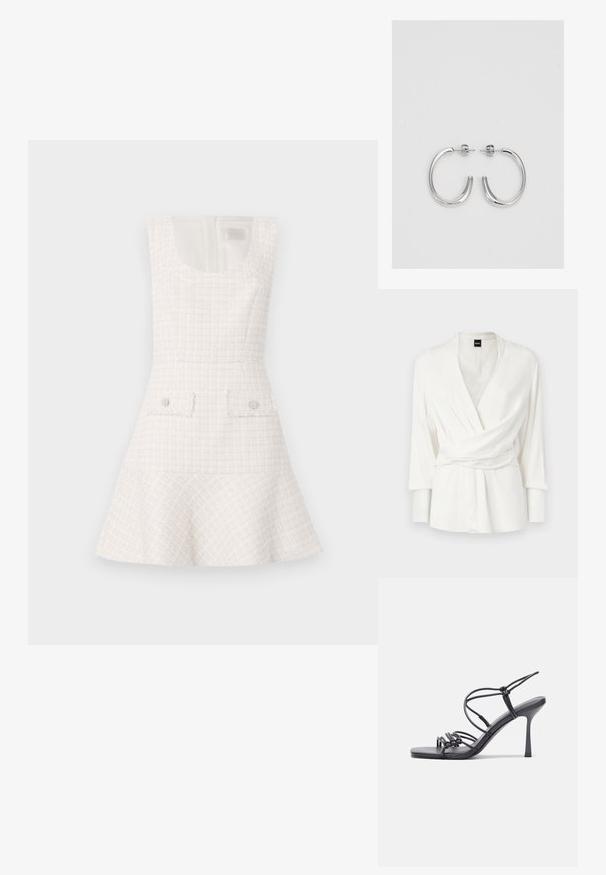 Valge ülikondpluus pikkade varrukatega, V-kaelusega ja vöödetailiga taljes. Valmistatud siledast, voolavast kangast.; Valge tweed-kleit laieneva seeliku, ümarate kaelusaukude ja kahe esipocketiga, mis on kaunistatud ümmarguste nuppudega. Tekstuurne, struktureeritud disain.; Mustad musta värvi kontsandaalid on varustatud peente rihmadega, millel on sõlmekujundus, siledad ruudukujulised varbad ja stiilne stilettokonts.; Helehall metallik handbags, millel on kett, kaunistatud väikeste ümmarguste metallist õmblustega ja kolmnurkse brändi logoga.; Hõbedased rõngaskõrvarõngad, millel on sile ja läikiv pind. Ümar kuju, kerge disain, millel on post-tagumise kinnituse süsteem.