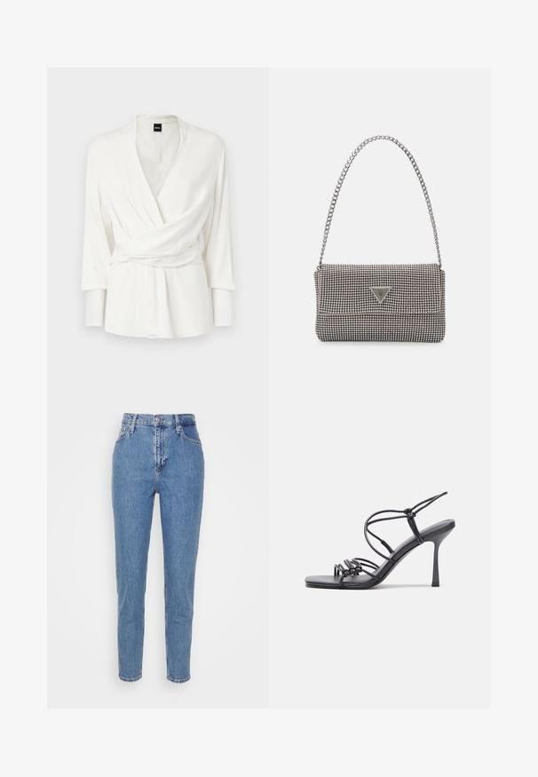 Blusa bianca avvolgente con maniche lunghe, scollatura a V e dettagli di cintura in vita. Realizzata in un tessuto morbido e cadente.; Jeans blu a vita alta, con gamba dritta, dotati di bottone e cerniera frontale, passanti per cintura e tasche, esposti su uno sfondo bianco semplice.; Sandali neri con tacco alto presentano sottili cinturini con design annodato, una punta quadrata liscia e un elegante tacco a spillo.; Borsa a mano metallica grigia chiara con tracolla a catena, impreziosita da piccoli chiodi metallici circolari e da un logo triangolare del marchio.; Orecchini a cerchio in argento con una finitura liscia e lucente. Forma arrotondata, design leggero, con chiusura a perno.