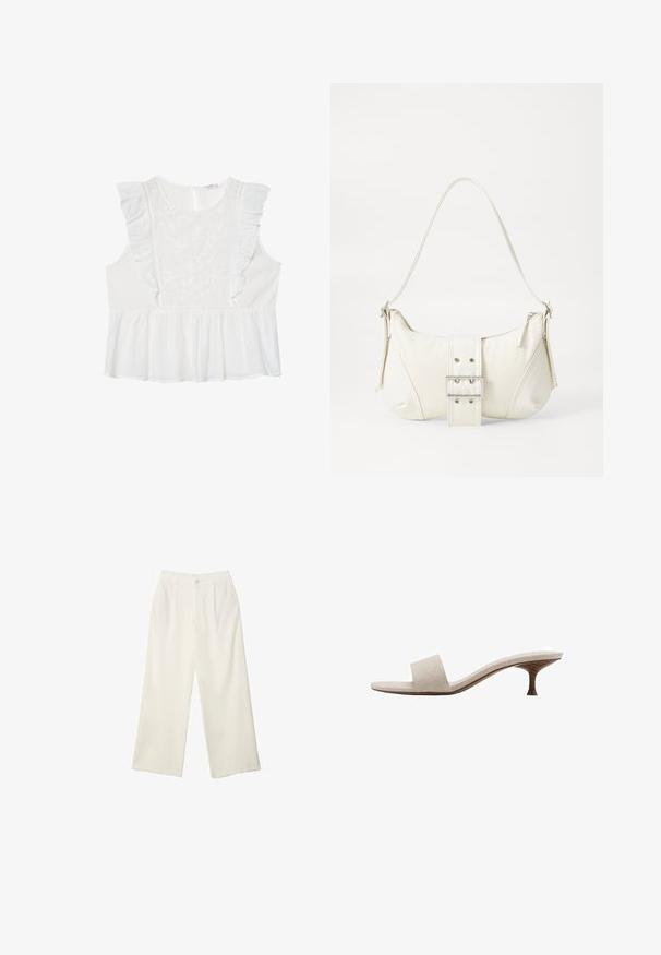 Bela brezrokavna majica z vezenimi cvetličnimi vzorci, nabori na ramenih in nabranim peplum robom. Zapiranje na hrbtni strani v obliki ključavnice.; Hlače širokih nogavic iz kremaste tkanine z gladko teksturo, z enim sprednjim gumbom, diskretnimi plisami in visokim pasom.; Sandal brez pet, z zgornjim delom iz bež tkane tkanine, odprti prsti in ukrivljenim lesenim podplatom. Oblikovanje se ponaša z gladko teksturo in minimalistično obliko.; Bela torbica za rame z teksturirano površino, osrednjo sponko in ukrivljenim oblikovanjem. Zadrge na obeh straneh.