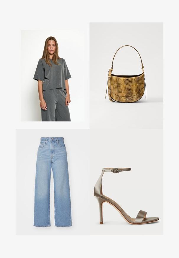 T-shirt grigia a maniche corte con scollatura rotonda, in un tessuto testurizzato caratterizzato da macchie bianche sparse. Abbinata a pantaloni larghi coordinati.; Jeans a vita alta blu chiaro con gamba larga, chiusura frontale con bottone e zip, tasche anteriori e posteriori, su uno sfondo bianco.; Sandal in satin con tacco alto di colore argento, con cinturino alla caviglia e una fibbia decorativa. Punta aperta e design slanciato e sinuoso.; Vanessa Bruno MINI DAILY BAG - Borsa a tracolla - camel