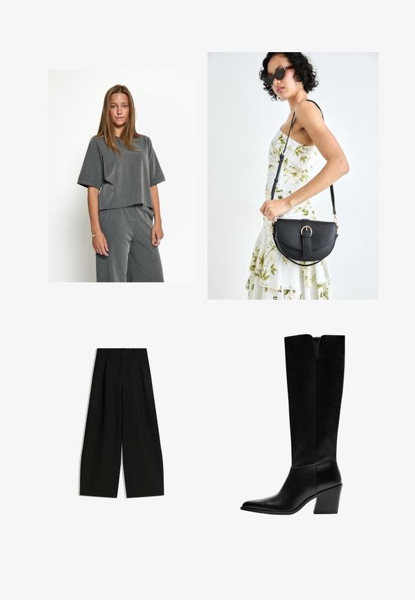 Grijze cropped t-shirt met een ronde halslijn, korte mouwen en een textuurstof met verspreide witte stippen. Gecombineerd met bijpassende losse broek.; Zwarte wijde pijpen broek van gladde stof, met een hoge taille, plooien aan de voorkant en geen zichtbare versieringen of patronen.; Zwarte laarzen tot de knie van soepel leer, met een puntige neus, een blokhak en een V-vormige uitsparing aan de bovenkant.; Zwarte leren handtas met een gebogen vorm, afneembare schouderband en gouden hardware. De tas heeft een klep met een gespsluiting.