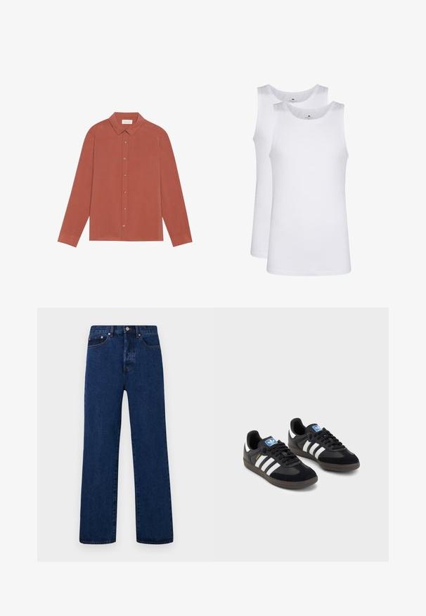 Rustfarbiges Langarmhemd mit Kragen, Knopfverschluss und einfachen Manschetten. Glatte Textur und klare Linien; keine Muster oder Verzierungen.; Weiße Baumwoll-Tanktops, ärmelloses Design, runder Ausschnitt, schlichte Textur, aus einem weichen, leichten Stoff. Zwei Stücke ausgestellt.; Dunkelblaue Jeans aus Denim mit geradem Bein, verziert mit orangefarbenen Nähten, einem Knopfverschluss und zwei vorderen Taschen mit kontrastierenden Nieten.; Schwarze Sneaker mit einem Obermaterial aus Wildleder und Synthetik, ausgestattet mit drei weißen Streifen, einer strukturierten Gummi-Sohle und einem blauen Logo-Tag auf der Zunge.