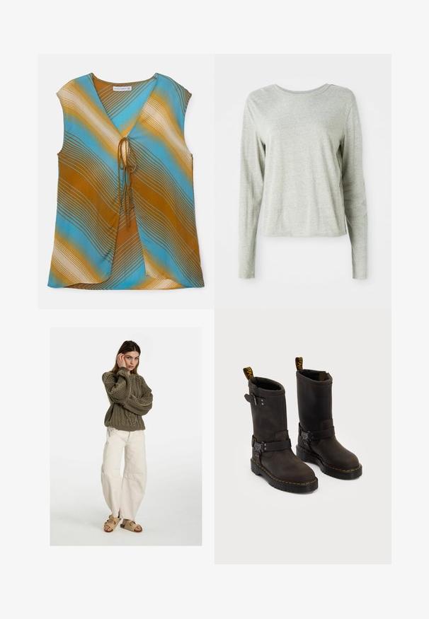Vícebarevný top bez rukávů v modré, hnědé a krémové barvě se vlnitými pruhy. Obsahuje výstřih do V a mašličku detail v přední části.; Světle šedá košile s dlouhým rukávem vyrobená z měkké tkaniny, s kulatým výstřihem a uvolněným střihem. Švy podél boků.; Free People GOOD LUCK MID RISE BARREL - Džíny Relaxed Fit - beige; Tmavě hnědé kožené boty se středně dlouhým designem, žlutým prošíváním, nastavovacími přezkami a poutky na vršku. Texturovaný povrch.
