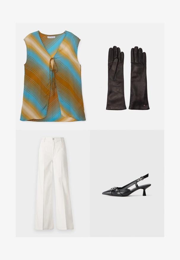 Marga bevandenė liemenė mėlynos, rudos ir kreminės spalvų su bangomis. Turi V formos iškirpimą ir ryšio detalę priekyje.; Balti platūs baltos spalvos keliai, pagaminti iš medvilnės su lygiu paviršiumi. Yra priekinis mygtukas, užtrauktukas ir keturi kišenės.; Juodas odinis slingback tipo batai su smailiu priekiniu atvartu, dekoratyvinėmis sagtimis su metaliniais akyčiais ir žemu blokiniu kulnu. Saldus paviršius.; Weekend Max Mara SENAPE - Pirštinės - nero