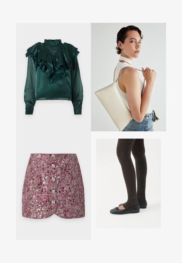 Blusa de satén en color teal con cuello y mangas con volantes. Presenta un collar alto y puños ajustados, mostrando una textura suave y brillante.; Falda de lentejuelas rosas con un tejido texturizado, que presenta un diseño ajustado y cinco botones plateados en la parte delantera. Dobladillo moldeado y detalles brillantes.; Zapatos planos negros con un pequeño lazo en la punta, combinados con medias de punto en marrón oscuro. Los zapatos tienen una textura suave y un perfil bajo.; Bolso de mano rectangular blanco, hecho de un material brillante, con una cadena plateada. La modelo posa, mostrando el bolso frente a un fondo liso.