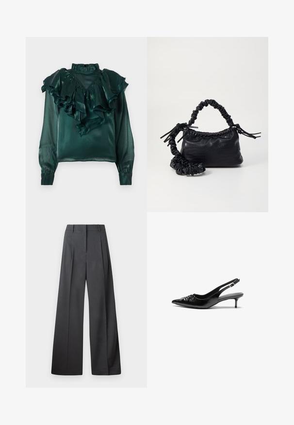Turkizna satenasta bluza z nabranim ovratnikom i rukavima. Ima visoki ovratnik i sužene manšete, prikazujući glatku, sjajnu teksturu.; Široke hlače iz temno sive tkanine, z visokim pasom, enim pregibom ter gladko teksturo z čisto obrobo na robovih.; Črne usnjene slingback pete z izostrenim nosom, majhno mačje peto in okrasno vozličasto podrobnostjo na sprednjem delu. Gladka tekstura po celotni površini.; Črna torbica iz umetnega usnja s krokodilovo teksturo, z zvitim vrhom in zmečkano naramico. Zdi se mehka in kompaktna v oblikovanju.