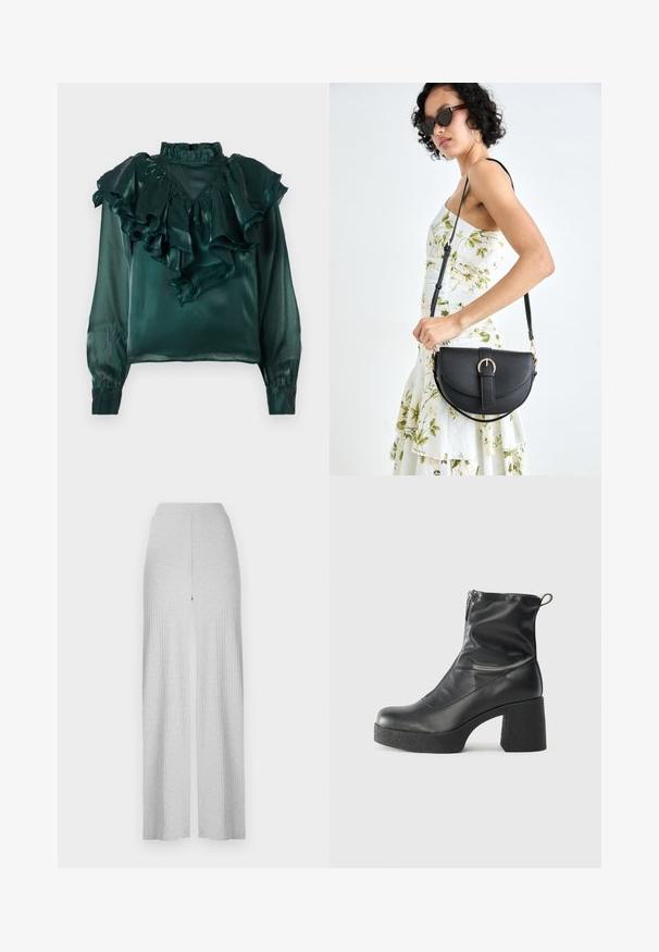 Türkise satinierte Bluse mit gerüschtem Ausschnitt und Ärmeln. Verfügt über einen hohen Kragen und taillierte Manschetten und zeigt eine glatte, glänzende Textur.; Hellgraue, gerippte, weite Hose mit hohem Bund und einem vorderen Schlitz. Aus weichem Stoff mit glatter Textur hergestellt.; Schwarze Stiefeletten aus glattem Leder mit seitlichem Reißverschluss, klobigem strukturiertem Absatz und runder Zehenform.; Schwarze Lederhandtasche mit geschwungener Form, abnehmbarem Tragegurt und goldenen Beschlägen. Die Tasche verfügt über einen Deckel mit einer Schnallen-Details.