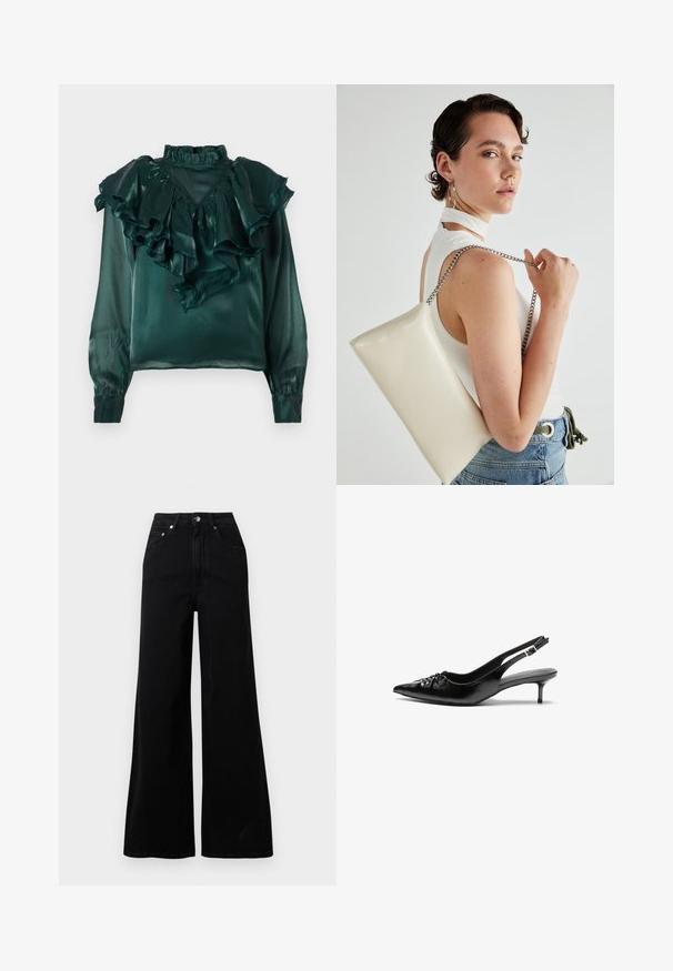 Teal satin blouse with ruffled neckline and sleeves. Features a high collar and tapered cuffs, showcasing a smooth, glossy texture.; Black wide-leg jeans made from denim, featuring a high waist, five pockets, front button closure, and minimal stitching details.; Black leather slingback heels with a pointed toe, small kitten heel, and a decorative knot detail on the front. Smooth texture throughout.; White rectangular clutch bag made of glossy material, featuring a silver chain strap. Model poses, showcasing the bag against a plain background.
