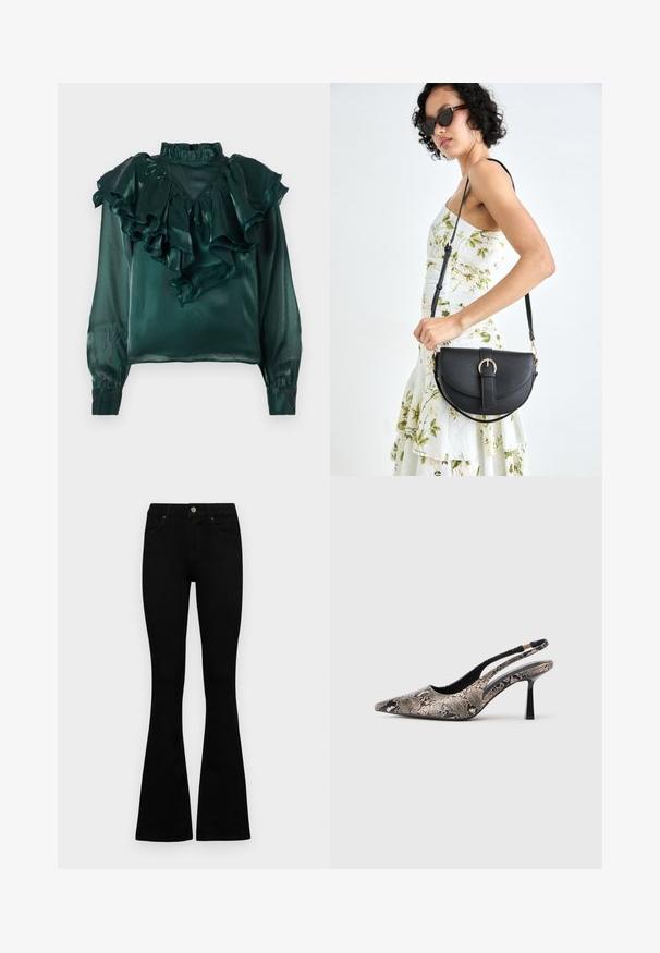 Teal satijnen blouse met gerimpelde halslijn en mouwen. Heeft een hoge kraag en taps toelopende manchetten, en toont een gladde, glanzende textuur.; Zwarte hoge taille jeans met een knoop- en ritssluiting, voorzakken en een flared pijp, plat gelegd op een witte achtergrond.; Puntige slingback schoenen van textuur leer met slangenprint, met een slanke zwarte hak en een uitgesneden ontwerp aan de zijkanten.; Zwarte leren handtas met een gebogen vorm, afneembare schouderband en gouden hardware. De tas heeft een klep met een gespsluiting.