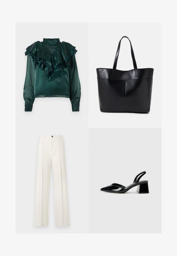 Teal satin blouse with ruffled neckline and sleeves. Features a high collar and tapered cuffs, showcasing a smooth, glossy texture.; White, wide-leg trousers with a high waist, featuring two front pleats, a single button closure, and pockets. Smooth fabric texture.; Black patent leather slingback heels with a pointed toe and a geometric block heel. Features a sleek, minimal design and smooth texture.; Black leather tote bag with two long handles, a smooth texture, and a structured shape. Features a front pocket for additional storage.