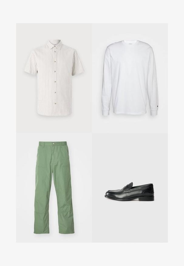 Majica s kratkimi rokavi iz svetlo bež tkanine z ozkimi navpičnimi črtami. Vključuje ovratnik s gumbi in pet gumbov na sprednji strani.; Bela dolgimi rokavi majica iz bombaža. Oblika s krožnim izrezom z rebrastimi manšetami in majhnim logotipom na levi rokavu. Gladka tekstura.; Svetlozelene hlače sproščenega kroja z gladko teksturo, ki vključujejo stranske žepke in vidne šive. Polne dolžine z ravnim krojem.; Črni usnjeni loafersi z gladko površino, šivanim detajlom čez vamp in rahlo dvignjenim peto.