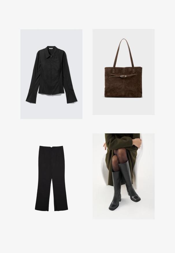 Giacca nera da donna a maniche lunghe con zip frontale, polsini ampi e colletto, posata su uno sfondo grigio chiaro.; Pantaloni neri a gamba dritta, con tasche frontali e spacchi laterali all'orlo. Realizzati in tessuto morbido e liscio. Adatti a diverse occasioni.; Stivali neri in pelle alti fino al ginocchio con punta squadrata e tacco a blocco, mostrati con un modello seduto in un cappotto verde oliva. Texture liscia, dettagli minimi.; Borsa tote in suede marrone con manici lunghi, caratterizzata da un corpo piatto e una tracolla decorativa con accentuazione in metallo di colore argento.