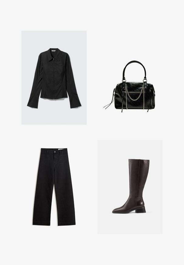 Fekete, hosszú ujjú női dzseki elől cipzárral, széles mandzsettákkal és gallérral, simán kifektetve egy világosszürke háttérre.; Fekete, bő szabású farmernadrág magas derékkal, elülső és hátsó zsebekkel, varrott felületekkel és gombos záródással. Sima textúra.; Térdfeletti barna bőrcipők sima felülettel, lekerekített orral és fekete, rétegelt sarokkal. Egyszerű dizájn minimális fémszerelvényekkel.; Bershka WITH CHAIN - Kézitáska - black