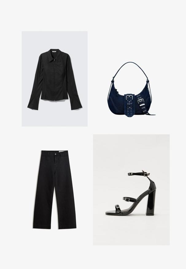 Black long-sleeve women's jacket with front zipper, wide cuffs, and a collar, laid flat on a light gray background.; Black wide-leg denim pants with a high waist, featuring front and back pockets, stitched seams, and a button closure. Smooth texture.; Black patent heeled sandals with a square toe, ankle straps, and silver buckles. Features a chunky block heel for stability.; Dark blue denim shoulder bag with a curved top, silver hardware, bold buckle detail, and studded strap accents. Zippered compartment visible.