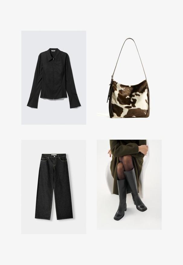 Schwarze Damenjacke mit langen Ärmeln, Frontreißverschluss, breiten Manschetten und einem Kragen, flach auf einem hellgrauen Hintergrund ausgelegt.; Schwarze Jeans mit weitem Bein aus Denim, mit fünf Taschen, metallischem Knopf und Reißverschluss und kontrastierenden gelben Nähten entlang der Nähte.; Knöchelhöhe schwarze Lederstiefel mit quadrater Spitze und Blockabsatz, gezeigt mit einem Modell, das einen olivgrünen Mantel trägt. Glatte Textur, minimale Details.; Braune und cremefarbene Kuhhaut-Umhängetasche mit einem glatten Ledertrageriemen, Reißverschluss und einer weichen, strukturierten Oberfläche mit einem natürlichen Muster.