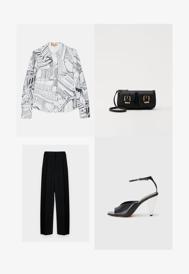 Balta ilgomis rankovėmis marškiniai, su juodu architektūrinių elementų linijiniu piešiniu, su sagų užsegimu priekyje ir klasikinėmis apykaklėmis.; Juodos plačios kelnės su aukštu liemeniu, su klostėmis ir glotnia tekstūra. Medžiaga atrodo lengva ir dailiai krenta.; Juodos odinės aukštakulnės šlepetės su atvira nosimi, asimetrišku dizainu, kulkšnies dirželiu ir metaliniu kūgio formos kulnu. Visas paviršius lygus.; Juodas odinis per petį nešiojamas krepšys su dviem priekiniais kišenėmis, auksiniais sagtimis, užtrauktuko uždarymu ir siauromis petnešomis. Textūruota paviršius ir kompaktiškas stačiakampis formatas.