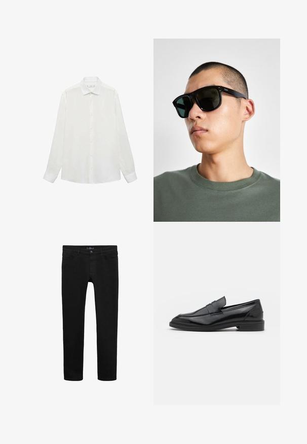 Bijela košulja s dugim rukavima i klasičnim ovratnikom, glatke teksture. Ima jednostavan dizajn s usklađenim dugmadi.; Crne traperice od denima s uskim krojem, s prednjim zatvaranjem na gumb, stilom s pet džepova i glatkom teksturom.; Crne kožne mokasine s glatkom površinom, s okruglim vrhom i uskim pojasom preko gornjeg dijela. Nizak slojeviti potplat.; Crne pravokutne sunčane naočale s tamnim lećama, koje imaju upečatljiv oblik i brend na ručki. Nosene od strane osobe u zelenoj košulji.