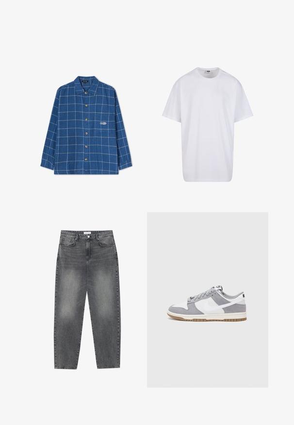 Camisa de franela a cuadros en azul, con mangas largas, frente abotonado, cuello puntiagudo y un pequeño logo en el bolsillo del pecho.; Camiseta blanca de algodón con mangas cortas, cuello redondo, corte relajado y sin logotipos ni patrones visibles. Textura suave y diseño minimalista.; Jeans de cintura alta y corte holgado en denim negro desgastado. Con cinco bolsillos, pasadores para el cinturón y un diseño de pierna recta y limpia.; Zapatilla gris y blanca con parte superior de ante y cuero, puntera redondeada, cordones planos y suela de goma con un acento de goma.