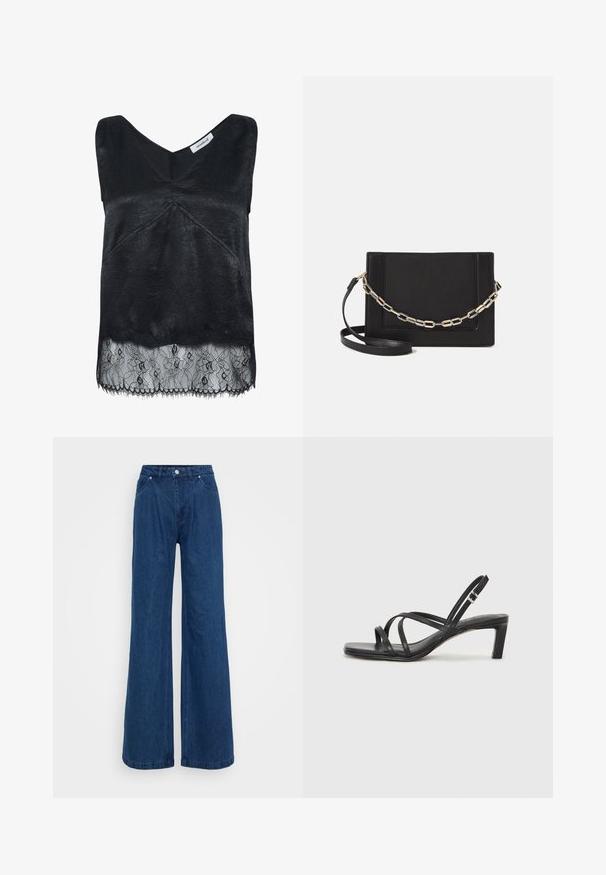 Fekete ujjatlan felső, textúrált anyagból, V nyakkivágással és csipkeből készült, virágmintás szegéllyel. Ledér szélek az alján.; Magas derekú, széles lábú kék farmernadrág, elülső gomb- és cipzárzárral, valamint elülső és hátsó zsebekkel, sima háttér előtt.; Fekete pántos szandál négyzetes orral és alacsony blokk sarkal. Több vékony pánttal és állítható boka pánttal rendelkezik. Sima bőrből készült.; Fekete bőr keresztpántos táska, sima textúrával, téglalap alakú és fém lánc részlettel az elején. Állítható pánttal ellátva.