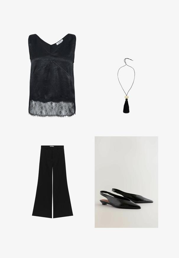 Sort ærmeløs top med tekstureret stof, der har en v-hals og en blondekant med blomster-mønstre. Flosset kant i bunden.; Sorte brede bukser med skræddersyet talje, skrå forlommer og en glat tekstur. Har et rent, minimalistisk design.; Sorte slingback-sko med spidse tæer, der har en tekstureret overflade og en lille blokhæl. Indvendigt har de en brun accent.; Sort frynsvedhæng på en sort snor, med en rund beige perle nær toppen af frynsen. Frynsen har en blød tekstur.
