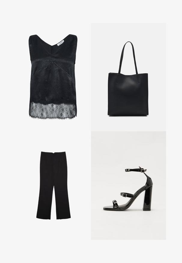 Crni bezrukavni top od teksturirane tkanine s dekolteom u obliku slova V i čipkastim rubom s cvjetnim uzorkom. Izgrizeni rubovi na dnu.; Crne hlače ravnog kroja, s prednjim džepovima i bočnim prorezima na rubu. Izrađene od mekog i glatkog materijala. Pogodne za razne prigode.; Crne lakirane sandale na pete sa kvadratnim nosom, trakama oko gležnja i srebrnim kopčama. Imaju čvrst blok petu za stabilnost.; Crna kožna torba za nošenje s glatkom teksturom, pravokutnim oblikom i dvije duge ručke. Nema vidljivih metalnih dijelova ili ukrasa.