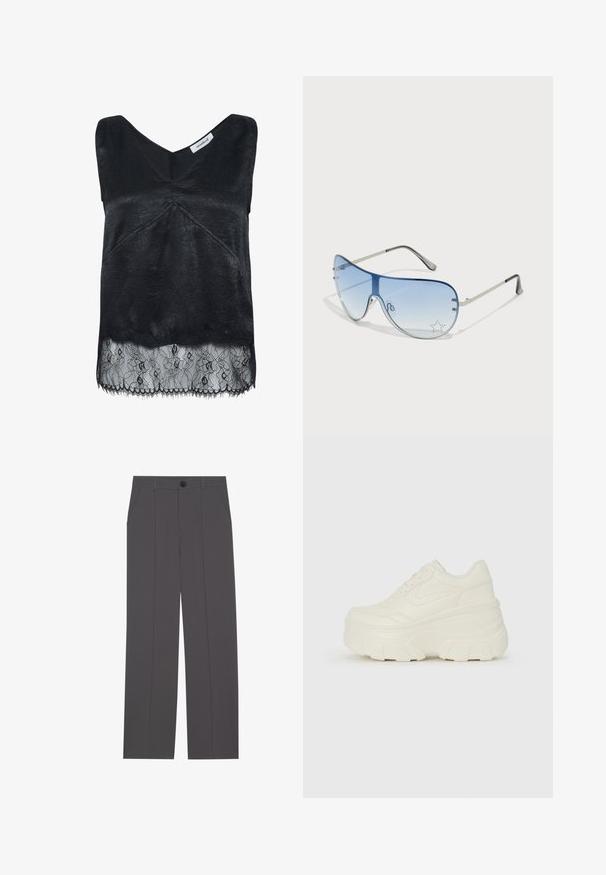 Melna bez piedurknēm uzblītes ar strukturētu audumu, ar V-veida kakla izgriezumu un mežģīņu malām ar ziedu rakstiem. Apakšā saplaisājušas malas.; Pelēki bikses ar taisnu kāju dizainu, kurām ir divas sānu kabatas un pogu aizdare. Gluda, bez redzamām rakstu vai akcentu. ; Baltie platformas sporta apavi, kas izgatavoti no gludas mākslīgās ādas, ar noapaļotu formu, mīkstu apkakli un teksturētu gumijas zoli ar izteiktiem rakstiem.; Pilotstila saulesbrilles ar gradienta zilām lēcām, sudraba metāla rāmjiem un dekoratīvām zvaigžņu akcentiem uz lēcām. Gluda un eleganta dizaina.