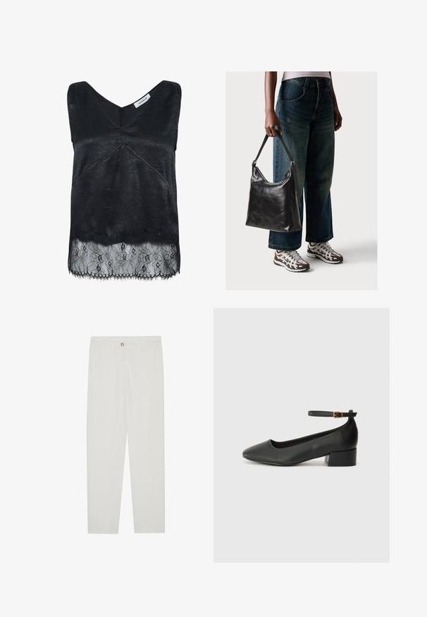 Sort ærmeløs top med tekstureret stof, der har en v-hals og en blondekant med blomster-mønstre. Flosset kant i bunden.; Hvide, skrædderlavede bukser med lige ben design, udstyret med knaplukning, bæltesløjfer og sidelommer; glat stoftekstur.; Sorte læderpumper med spids tå og en lav blokhæl. Har en ankelrem med en guldfarvet spænde. Glat tekstur.; Sort læder skuldertaske med en glat tekstur og justerbar skulderrem, parret med faded brede bukser og atletiske sneakers.