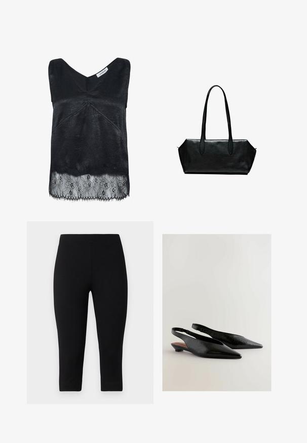 Zwarte mouwloze top van een textuurstof, met een v-hals ontwerp en een kantafwerking met bloemmotieven. Gerafelde randen aan de onderkant.; Zwarte capri leggings gemaakt van rekbaar materiaal, met een aansluitende pasvorm en een gladde textuur, zonder opvallende patronen of accenten.; Zwarte slingback schoenen met een puntige neus, voorzien van een gestructureerd oppervlak en een kleine blokhak. De binnenkant heeft een bruine accent.; Zwarte leren handtas met lange handgrepen, rechthoekige vorm, gladde textuur en schuine zijkanten, met een minimalistisch ontwerp en geen zichtbare hardware.