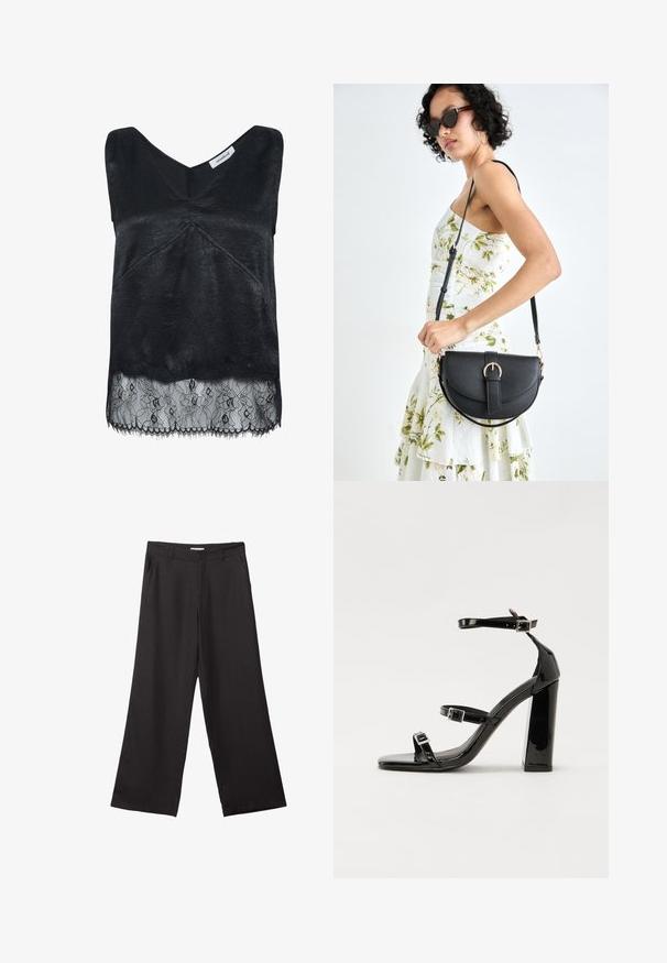 Čierny top bez rukávov z textúrovanej látky, s dizajnom v-výstrihu a čipkovým lemom s kvetinovými vzormi. Na dolnej časti sú roztrhnuté okraje.; Čierne široké nohavice vyrobené z hladkej tkaniny, so zipsom vpredu a dvoma bočnými vreckami, s prispôsobeným strihom a minimalistickým dizajnom.; Čierne lakované sandále na podpätku so štvorcovou špičkou, navlečenými remienkami okolo členku a striebornými prackami. Disponujú masívnym blokovým podpätkom pre stabilitu.; Čierna kožená kabelka s zaobleným tvarom, odnímateľným popruhom a zlatými doplnkami. Kabelka má klopu s detailom s prackou.