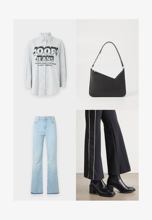 Camisa de botões com riscas em tecido azul claro e branco. Apresenta um logótipo preto e audaz "JOOP! JEANS" na frente, com mangas compridas.; Jeans flare azul claro feitos de denim, com uma cintura alta, bolsos frontais e uma bainha desgastada nas bainhas para um look casual.; Botas de tornozelo em couro preto com um salto bloco, apresentando painéis laterais elásticos. Combinadas com calças pretas que têm uma faixa lateral branca.; Bolsa de couro preta com formato triangular, alça fina e detalhes em metal prateado. Apresenta um fecho com zíper e logótipo em relevo na parte frontal.