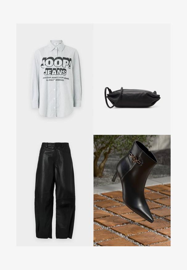 Gestreept overhemd met knopen van lichtblauwe en witte stof. Heeft een gedurfd zwart logo "JOOP! JEANS" aan de voorkant, met lange mouwen.; Zwarte leren broek met een ruime pasvorm, voorzien van een rechte pijpdesign, voorzakken en zichtbare stikdetails.; Zwarte leren enkellaars met spitse neus en een kleine hak. Bevat een gouden kettingaccent bij de enkel. Omringd door een gestructureerd stenen oppervlak.; Zwarte leren clutch met een rechthoekige vorm, gladde textuur, dunne schouderband en minimalistisch ontwerp.