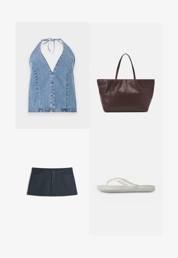 Denim halter top in light blue. Features a deep V-neckline, open back, and ties at the neck. Smooth texture with subtle stitching details.; Navy blue pinstripe mini skirt with front pockets and a single button closure at the waist.; White flip-flop with a textured sole, featuring thin straps and a flat design. Made of rubber with a subtle logo on the footbed.; Brown woven leather tote bag with two handles, a structured shape, and a textured surface, featuring a diamond pattern throughout.; Gold-toned hoop earrings, featuring a sleek, elongated shape with a polished finish and a secure latch closure.