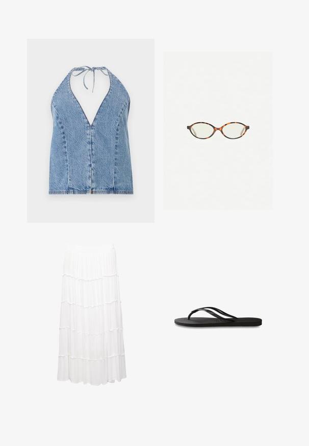Ljusblå denim halterneck-top. Har en djup V-ringning, öppen rygg och knytning i nacken. Slät textur med subtila sömnadsdetaljer.; Vit lagerkjol tillverkad av lättviktigt tyg, med ett elastiskt midjeband, volanglager och en flytande design som sträcker sig till mitten av vaden.; Svart flip-flop med en texturerad gummisula, två slanka remmar och en subtil, präglad logodetalj på remmen.; Sköldpaddsmönstrade glasögon med ovala linser och en elegant, slät yta. Har tunna sidor med en subtil kurva vid tinningarna. Klara linser.; Brun vävd läderhandväska med en slapp, triangulär form. Har ett flätat handtag och en dragkedjestängning längs toppen.