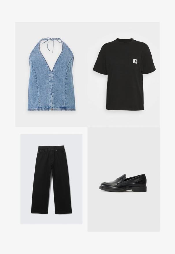 Denim halter top in light blue. Features a deep V-neckline, open back, and ties at the neck. Smooth texture with subtle stitching details.; Black cotton T-shirt with short sleeves, round neckline, and a front pocket featuring a square logo in white and black.; Black wide-leg trousers made from denim, featuring a classic five-pocket design and a structured waistband with belt loops.; Black leather loafers with a rounded toe, stitched detailing, and a low block heel. Smooth texture with no visible patterns or accents.