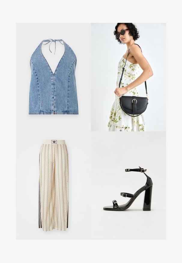 Top halter em denim azul claro. Apresenta um decote em V profundo, costas abertas e laços no pescoço. Textura suave com detalhes de costura subtis.; Calças largas de cor creme com um padrão em zigzag, apresentando uma cintura com logotipo preto e riscas laterais pretas. Tecido leve e texturizado.; Sandálias de tacão preto laqueadas com bico quadrado, tiras para o tornozelo e fivelas prateadas. Apresentam um salto bloco chunky para estabilidade.; Bolsa de couro preta com forma curva, alça destacável e detalhes em dourado. A bolsa possui uma aba com detalhe de fivela.
