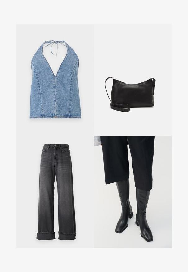 Denim-halteri yläosa vaaleansinisena. Ominaisuuksiin kuuluu syvä V-mallinen kaula-aukko, avoin selkä ja solmittava kaula. Suora tekstuuri hienoilla ompeluyksityiskohdilla.; Viimeiset lahkeet tummanharmaasta denimmateriaalista, joissa on korkea vyötärö, viisi taskua ja käärityt lahkeet lisäyksinä. Sujuva rakenne, jossa on hienovaraisia haalistumia.; Musta nahka polvipituiset saappaat, joissa on neliön muotoinen kärki ja korkea paksu kanta. Sisältää sivuvetoketjun ja sileän pinnan.; Musta nahkainen olkalaukku, jossa on sileä pinta, kaareva muoto, säädettävä hihna ja vetoketjukiinnitys. Minimalistinen muotoilu ilman koristeita.