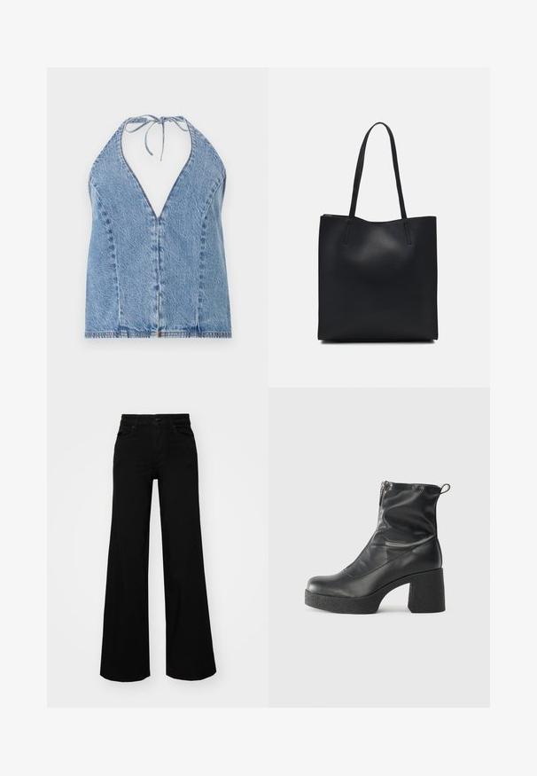 Top halter din denim de culoare bleu deschis. Prezintă un decolteu adânc în V, spate deschis și panglici la gât. Textură netedă cu detalii subtile de cusătură.; Pantaloni negri cu picioare largi, din denim, cu un brau structurat, bucle pentru curea și buzunare frontale. Textură netedă, cu un design clasic.; Bocanci negri de glezna din piele netedă, cu fermoar lateral, toc texturat și masiv, și design cu vârf rotund.; Geantă tote neagră din piele, cu textură netedă, formă rectangulară și două mânere lungi. Fără hardware vizibil sau ornamente.