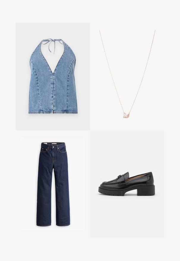 Denim halter top in light blue. Features a deep V-neckline, open back, and ties at the neck. Smooth texture with subtle stitching details.; Dark blue straight-leg denim jeans with five pockets, orange stitching, and a button fly closure.; Black leather loafer with a low block heel, rounded toe, decorative strap, and textured stitching detail on the upper. Smooth finish.; Rose gold necklace with a swan pendant, embellished with clear crystals. The chain features a delicate link design.