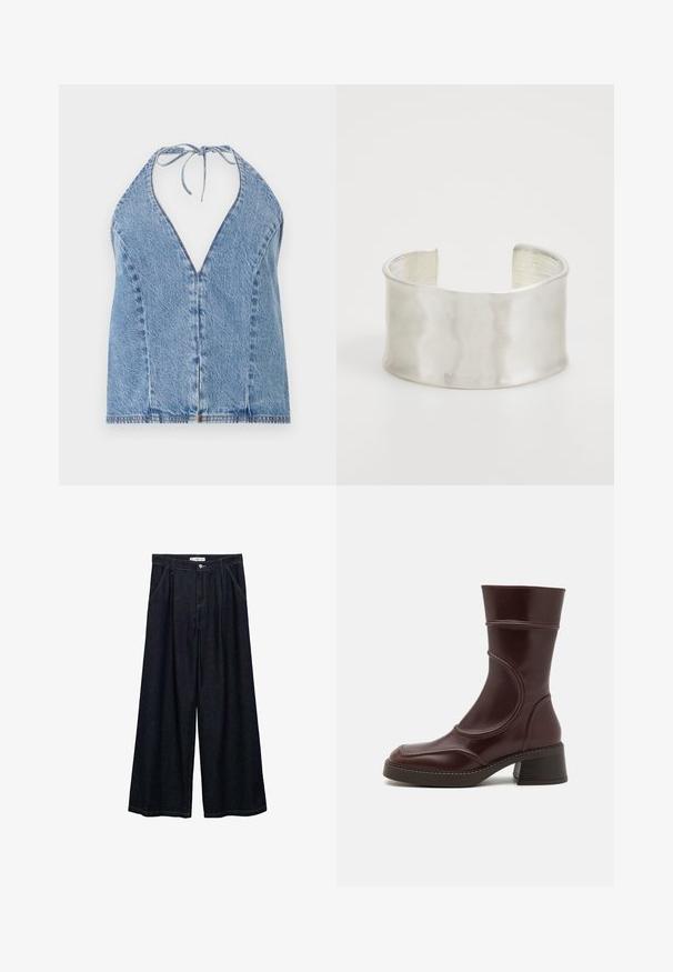 Jeans haltertop in lichtblauw. Heeft een diepe V-halslijn, een open rug en strikjes bij de hals. Gladde textuur met subtiele stikdetails.; Donkerdenim wijde-broek met een hoge taille, voorzien van een sluiting met knoop aan de voorkant, twee zijzakken en stikdetails.; MIISTA MALENE - Lage laarzen - brown; Zign Armband - silver-coloured