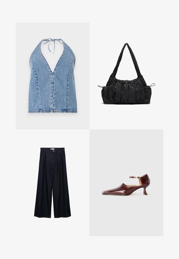 Denim halterneck top i lyseblå. Har en dyb V-halsudskæring, åben ryg og bånd til at tie om halsen. Glat tekstur med subtile stikninger.; Mørk denim bredbenede bukser med høj talje, der har en frontlukning med knap, to sidelommer og syningsdetaljer.; Bordeaux laklæder sko med spids tå, ankelrem og en 5 cm skrå hæl. Glat tekstur og minimalistisk design.; Sort stof handbag med samlede strukturer, to skulderremme og snorelukning i siderne. Glat, let materiale.