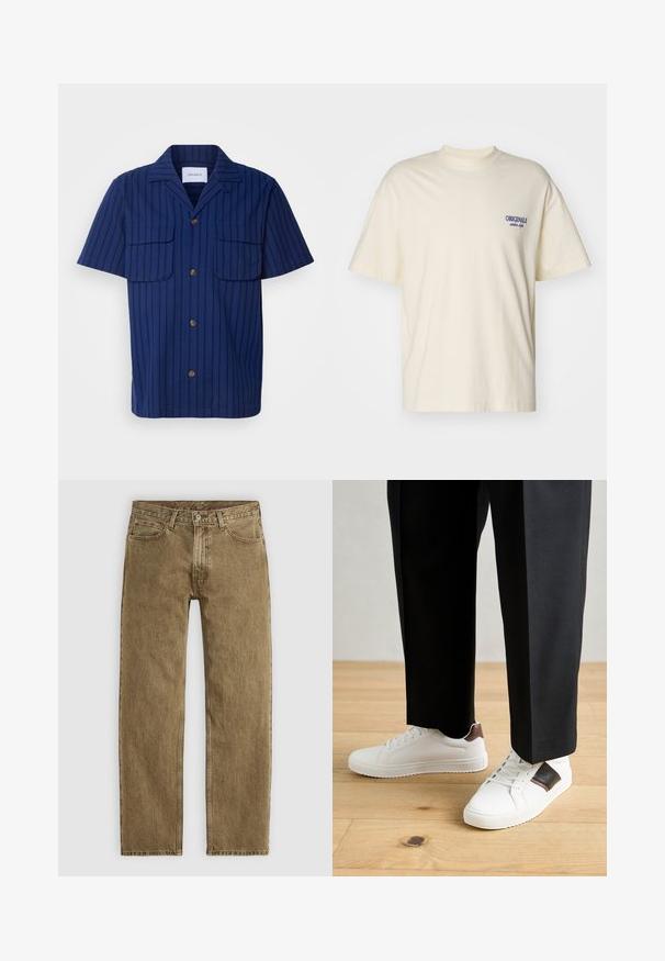 Tamsiai mėlynas trumpų rankovių marškinis su tekstūruota dryžuota raštu, dviem krūtinės kišenėmis ir rudos spalvos sagomis priekyje ir ant apykaklės.; Trumpas rankovės kreminės spalvos marškinėliai, pagaminti iš medvilnės. Savyje turi nedidelį mėlyną "ORIGINALS" logotipą kairėje krūtinės pusėje. Klasikinis pjūvis ir apvalus kaklas.; Šviesiai rudi džinsai, tiesaus kirpimo, su penkių kišenių dizainu ir vario spalvos detalėmis. Tekstūruota medžiaga su matomais siuvimo elementais.; Balti sportbačiai su glotnia danga, puošti rudais odiniais akcentais ir juodais detalėmis, derinami su juodais pritaikytais kelnėmis. Medinių grindų fonas.